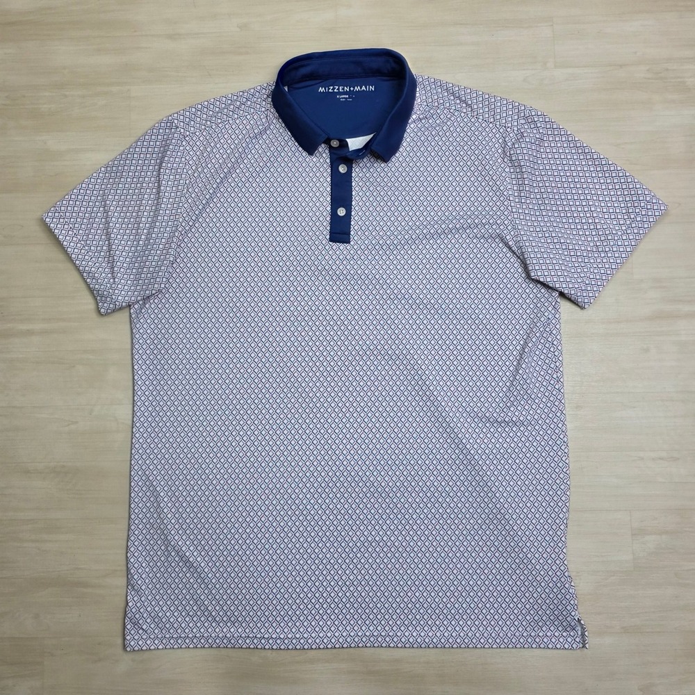 Mizzen+Main Mens XL Performance Polo Shirt Blue White Geometric Diamond Print